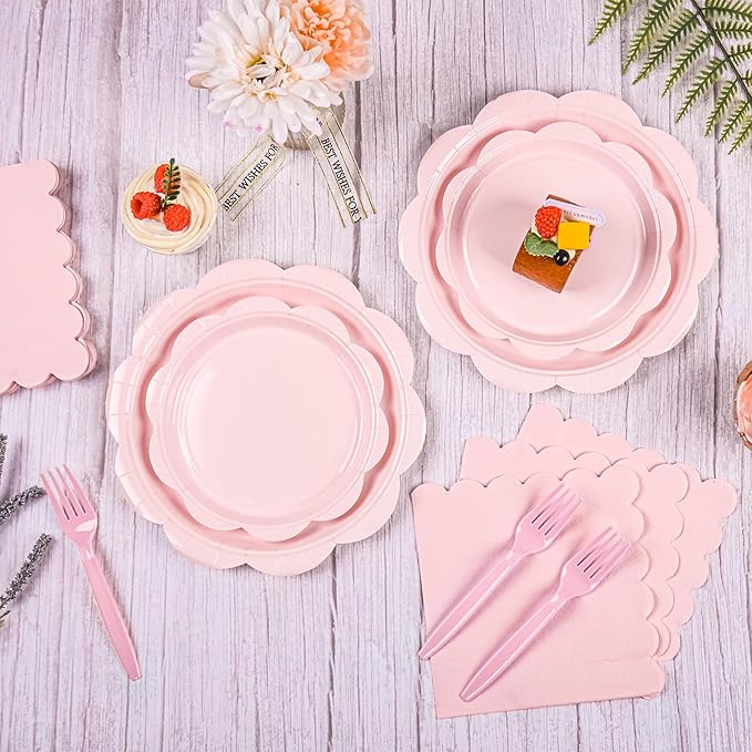 96 Pcs Pink Paper Plates and Napkins Set Party Supplies, Tableware set for 24 Guest include Disposable Pink Scalloped Plates, Napkins and Forks for Baby Shower Bridal Shower Wedding Mother Day