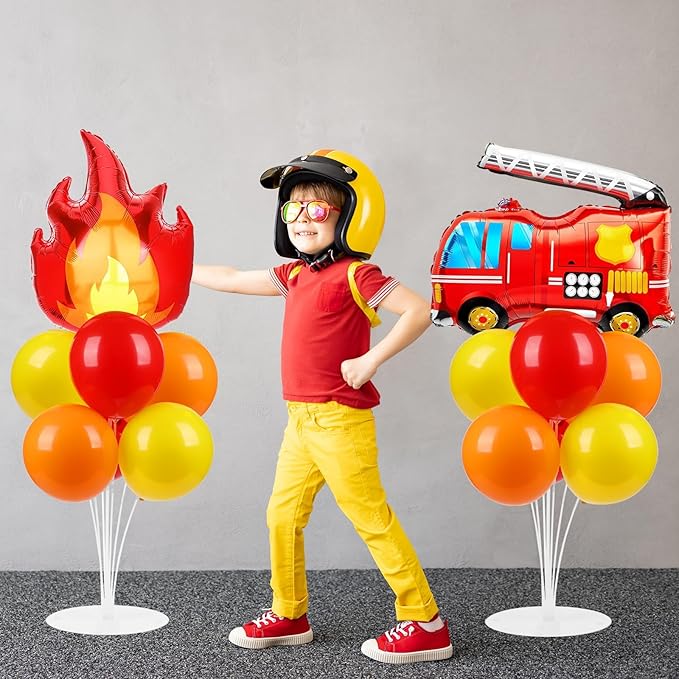 Fire Party Balloons Stand Kit 2 Sets with 2 Fire Truck Foil Balloons Fireman Firefighter Themed Party Balloon Centerpiece for Tables for Firefighter Rescue Birthday Party Decorations