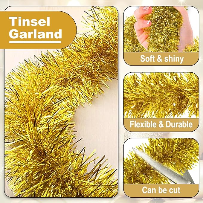 50 Feet Christmas Tinsel Garland, Metallic Twist Garland Wall Hanging Tinsel Garland Backdrop for Parade Floats, Carnival, Birthday, Wedding, New Year Party Decorations (Gold, 2in x 50ft)