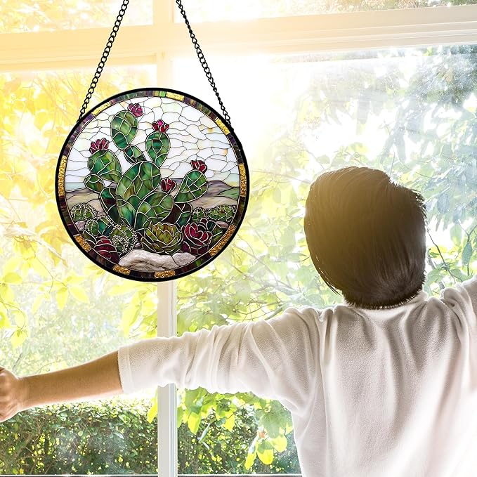 Stained Glass Window Hanging,Green Cactus Purple Flowers Suncatcher Diamond Glass Panel Sun Catchers Decor for Birthday for Women, Men, Wife, Aunt, and Mom 7.8 in