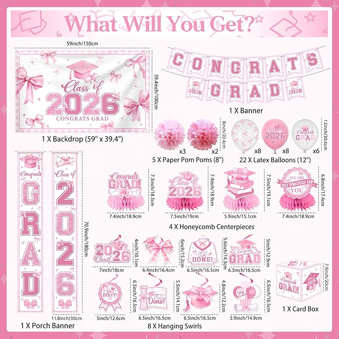 Pink Bow Graduation Decorations 2026 Set, All-in-1 Coquette Kit with Congrats Grad Banner Class of 2026 Backdrop Porch Sign Balloons Centerpieces Card Box Pom Poms Streamers for College High School