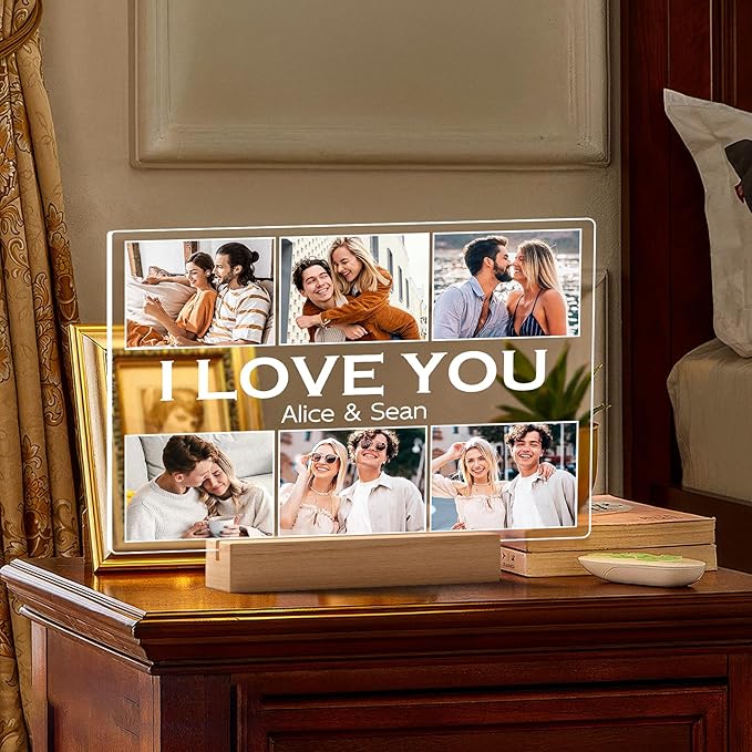 Personalized Picture Frame with Photo, Customized Photo Frame with Night Light, Custom Picture Frames, Personalized Anniversary Couple Gifts for Women Men Her Him Girlfriend Boyfriend