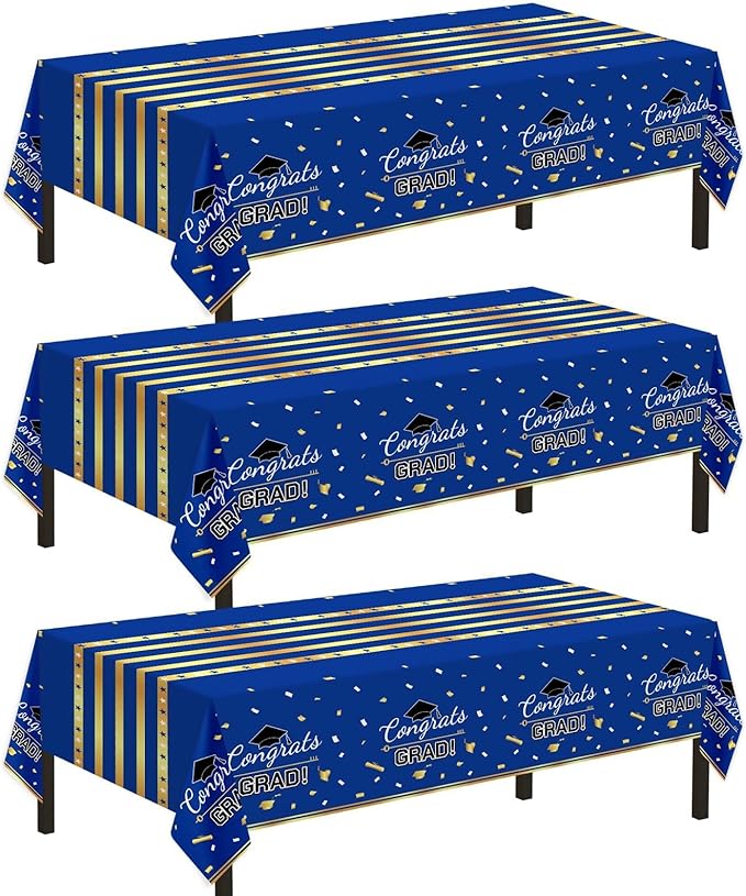 Childom 3 Pack Graduation Tablecloth,Graduation Decorations Class of 2026 Graduation Party Decorations,54"x108" Blue and Gold Plastic Table Cloth Disposable Rectangle for Home,School,Party Supplies