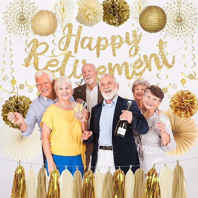 Roetyce Retirement Party Decorations Women Men, Gold Glitter Happy Retirement Banner Paper Fans Pompoms Kit, Office Retired Party Supplies for Coworker Friend, Funny Legend Has Retired Photo Backdrop