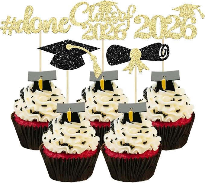 Gyufise 30Pcs 2026 Graduation Cupcake Toppers Gold and Black Glitter Class of 2026 Cake Graduation Done Cupcake Picks Grad Cap Diploma Cake Decorations for 2026 Graduation Theme Party Cake