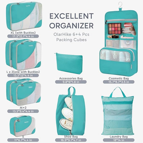 10 Set Packing Cubes for Travel, Gifts for Women Mom,Anti-Tearing Suitcase Organizer for Luggage with Shoe & Hanging Toiletry Bag,OlarHike Vacation Essentials & Accessories for Cruise Ship