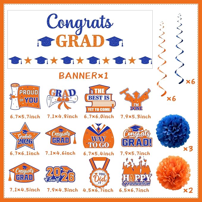 Orange and Blue Graduation Decorations, Glitter Congrats Grad Banner Hanging Swirls and Tissue Pom Poms, Blue and Orange Graduation Decorations for College Graduations Party Decorations Class of 2026