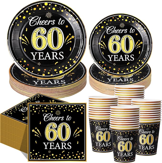 Pickmesh 250 Pcs 60th Birthday Party Supplies Decorations Serve 50 Black Gold Cheers to 60 Years Disposable Paper Plates Napkins and Cups for Women Men 50th Birthday Wedding Anniversary Party Supplies