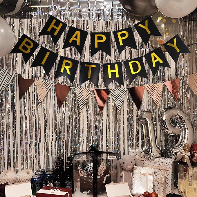 Happy Birthday Banner, Flag Bunting for Birthday Backdrop Decor, Happy Birthday Sign Party Supplies for Girls Boys Kids and Women Party Hanging Decor (Black&Gold)