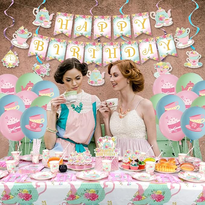 KEFAN Tea Birthday Party Decorations, Tea Theme Party Tableware Supplies including HAPPY BIRTHDAY Banner, Plates, Cups, Napkins, Tablecloth, Balloons for Girls Birthday Party, Serves 20