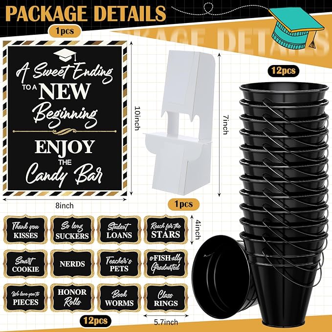 12 Set 2026 Graduation Candy Buffet Party Decoration Graduation Table Candy Bar Snack Labels Signs and 5'' Buckets with Handle for Class of 2026 Party Parties Supplies(Pure Style,Black)