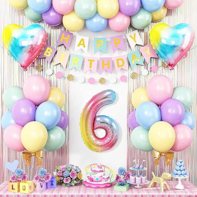 6th Birthday Decorations Rainbow,Gradient Number 6 Balloon,Pastel Happy Birthday Banner Fringe Curtain Heart Foil Balloons Boys Girls 6 Year Old Decor