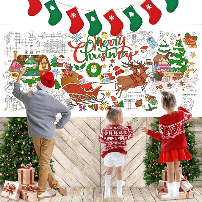 Christmas 30 x 72 Inches Jumbo Paper Coloring Tablecover, Giant Coloring Poster/Tablecloth, Classroom Activities Banner Christmas Party Decorations Crafts for Kids