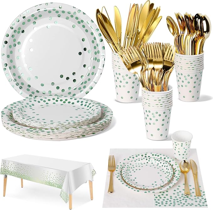 141 Pieces Green Dots Party Supplies, Disposable Party Decorations Sets Include Paper Plates Napkins Cups, Plastic Forks Knives Spoons, for Baby Shower Birthday Wedding -20 Guests