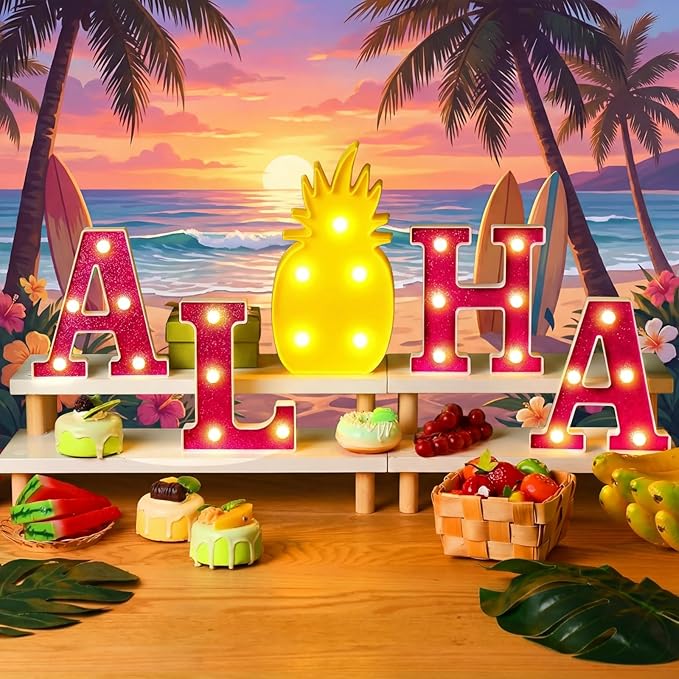 Honoson 5 Pcs Hawaiian Luau Aloha Party Decoration Aloha Letter LED Pineapple Lights Sign Summer Tropical Table Decorations Tropical Hawaiian Summer Beach Pool Party Supplies