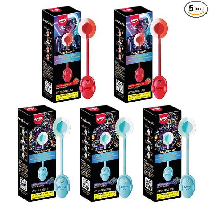 Amos TastySounds Audio Music Lollipops - Singing Lollipop Candy Suckers Party Favors - 5-Pack w/ 2x Strawberry! 3x Blueberry
