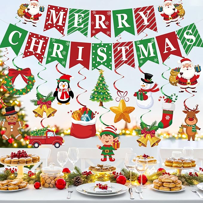 Merry Christmas Party Decorations Pre-strung Merry Christmas Banner with Hanging Swirls Red Green Santa Claus Snowman Hanging Ceiling Swirl for Xmas Holiday Party Home Decor