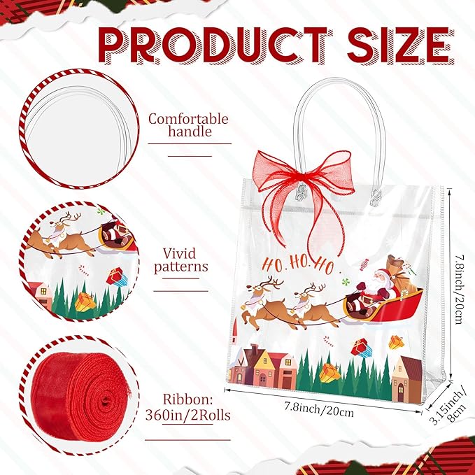 Henoyso 24 Pcs Christmas Village Clear Gift Bags Plastic Candy Treat Goodie Bags Gingerbread Santa PVC Wrap Totes with Handles and Ribbon Xmas Party Favors, 7.8 x 7.8 x 3.1 Inch
