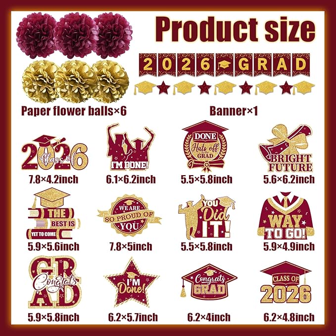 Maroon Graduation Decorations 2026, 2026 Grad Banner and Congrats Grad Hanging Swirls, Maroon and Gold Graduation Banner Graduations Hanging Swirls College Graduations Party Decorations Class of 2026