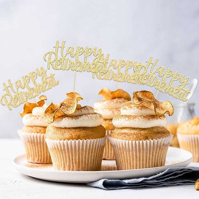 Gyufise 36 Pack Gold Glitter Happy Retirement Cupcake Toppers Retired Cupcake Picks Retirement Theme Birthday Party Cake Decorations Supplies