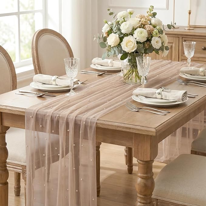 Artoid Mode Pearl Tan Gauze Table Runner 120 Inch 10FT, Seasonal Sheer Dining Holiday Wedding Birthday Baby Shower Table Decor for Home Party