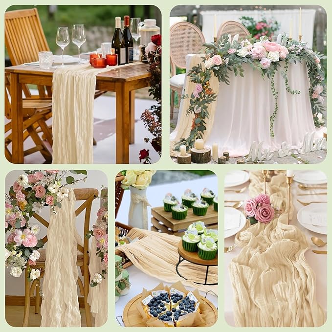 Wokceer Cheesecloth Table Runner 3Pack 10FT Sand Christmas Boho Gauze Cheese Cloth Table Runner for Party Easter Rustic Sheer Table Runners for Baby Bridal Shower Wedding Table Decor