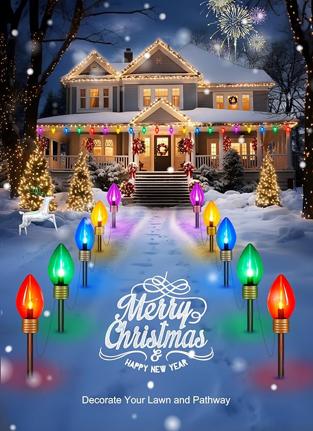 2 Pack Outdoor Christmas Decorations - Jumbo Xmas String Lights or Pathway Markers - Large Multicolored Bulbs Hanging Lights Waterproof Lawn Decoration for Holiday Home Tree Roof Yard Garden