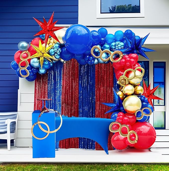 Kozee Red Blue Gold Balloon garland arch Kit 130 PCS chrome blue with foil Star diy long balloons for kid video game Cartoon Hedgehog theme birthday superhero gamer party decorations