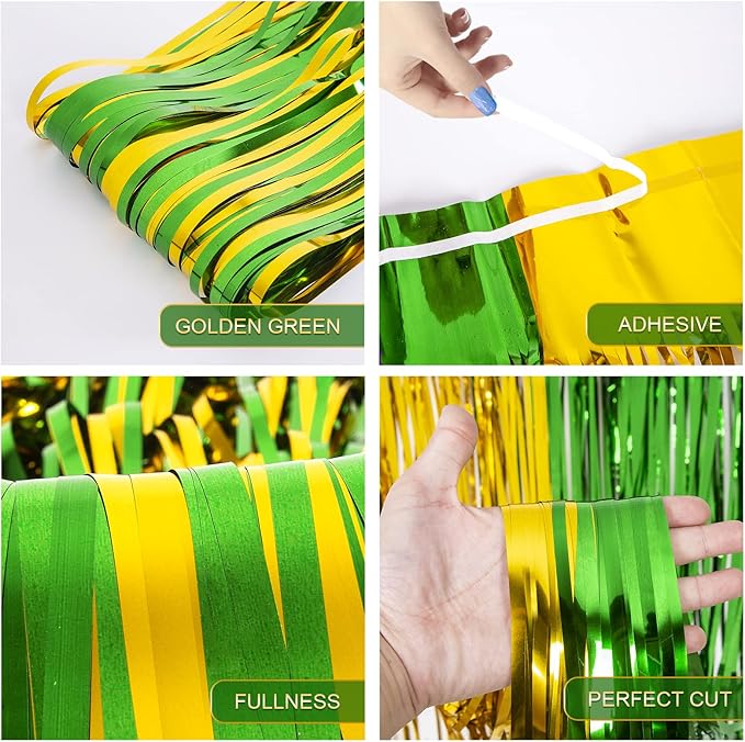 LOLStar Graduation Party Decoration, 4 Pack Green and Gold 3.3x6.6 ft Foil Fringe Curtains, Tinsel Backdrop, Graduation Photo Booth Prop Streamer Backdrop for Class of 2026, Prom and Grad Party Decor
