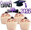 2026 Graduation Cupcake Toppers, 48 PCS Food/Appetizer Picks For Graduation Party Mini Cake Decorations, Diploma, 2026, Grad Cap Set 48 Pieces (05 Purple)
