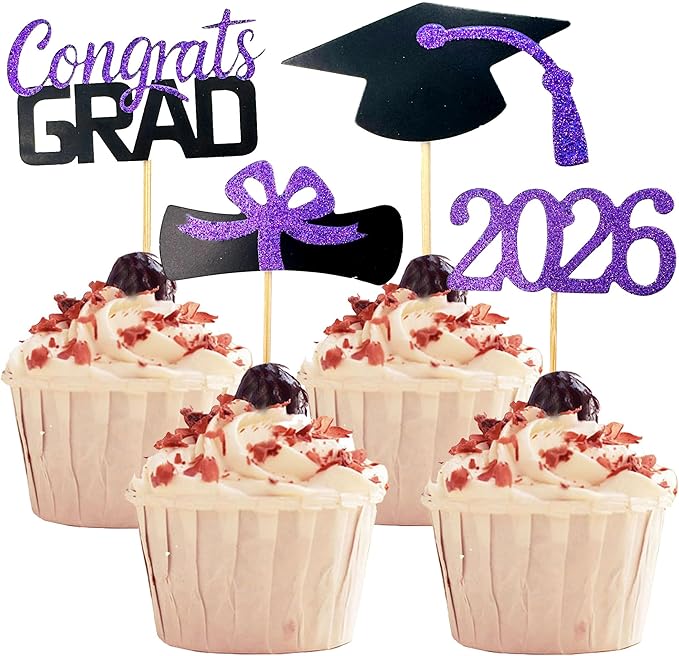 2026 Graduation Cupcake Toppers, 48 PCS Food/Appetizer Picks For Graduation Party Mini Cake Decorations, Diploma, 2026, Grad Cap Set 48 Pieces (05 Purple)