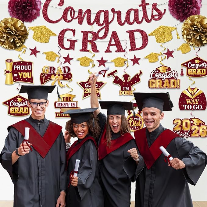 Maroon Graduation Decorations 2026, Glitter Congrats Grad Banner Hanging Swirls and Tissue Pom Poms, Maroon and Gold Graduation Decorations for Class of 2026 College Graduations Party Decorations