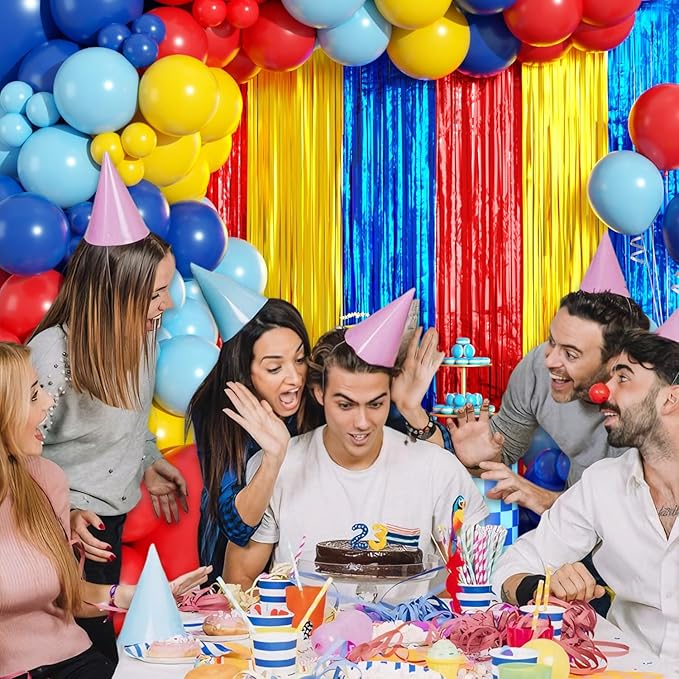 Red Blue Yellow Balloon Arch Garland Kit Birthday Party Decorations, Video Game Foil Fringe Backdrop Tinsel Streamers Banner Photo Booth Props Cartoon Theme Carnival Circus Hero Party Decor Supplies