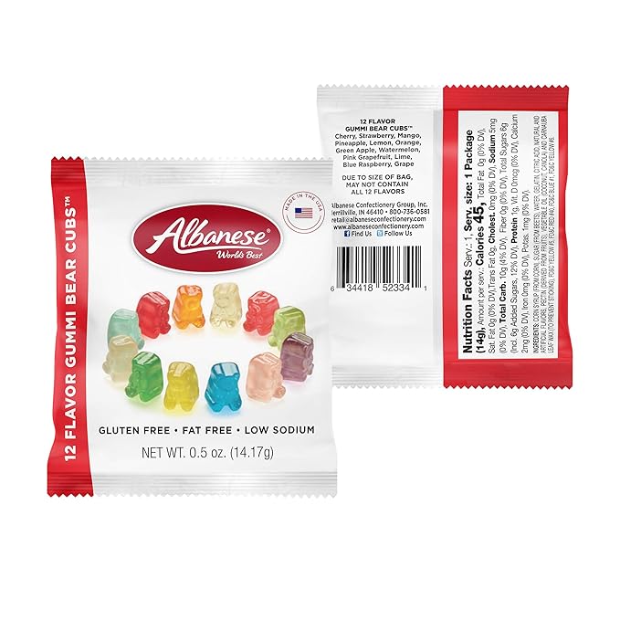 Albanese World's Best 12 Flavor Gummi Bear Cubs | 0.5oz Snack Packs of Candy | Miniature, Individually Wrapped, Soft Gummy |Cherry, Blue Raspberry, and More (Pack of 100)