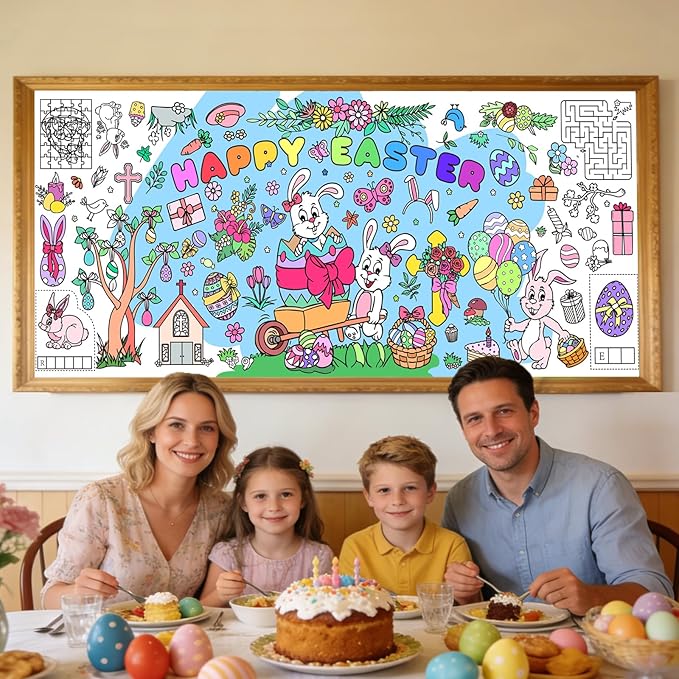 Easter Giant Coloring Poster for Kids,30x72 Inch Happy Easter Crafts Drawing Paper Coloring Tablecloth DIY Art Crafts for Kids Party Bunny Egg Themed Activity Classroom Home Party Suppiles