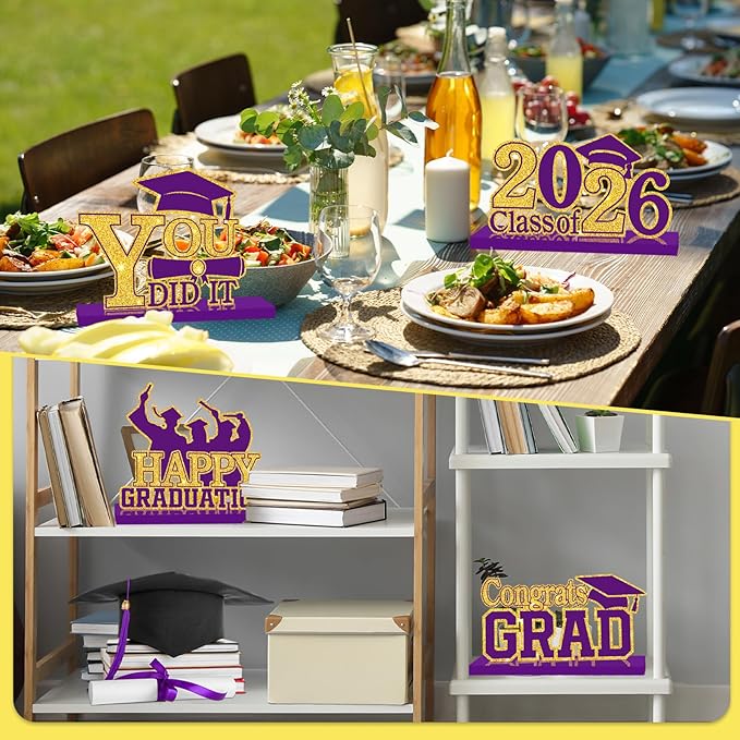 4Pcs Graduation Decorations Class of 2026 Wood Table Centerpieces Congrats Grad Wooden Sign Graduation Table Toppers Congratulate Tiered Tray Decor for 2026 Graduation Party (Purple-Gold)