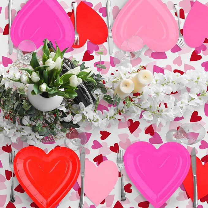 Valentine's Day Party Supplies Set for 48 Guests - Romantic Heart-Shaped Disposable Plates & Napkins with Love-Themed Plastic Tablecloth & Banner - Valentines Day Party Decorations