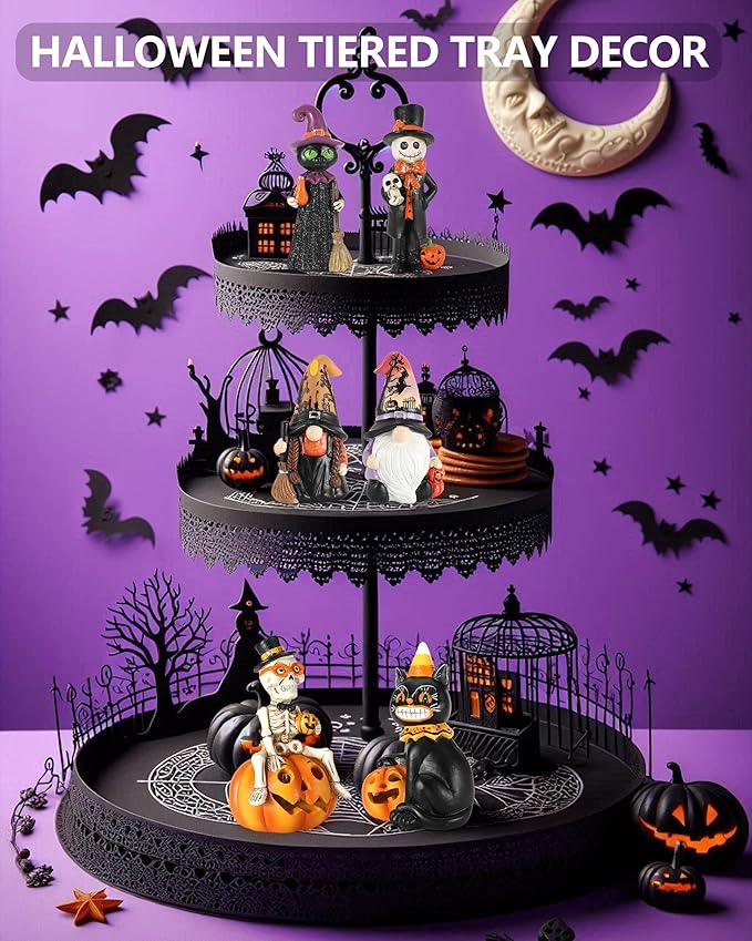 Vintage Halloween Decorations Indoor - 2-Pack 4.7'' Resin Skeleton Gentleman & Black Cat Figurine with Flickering Pumpkin Lights - Halloween Table Decor Ornaments Gifts (Jack-O’-Lantern)