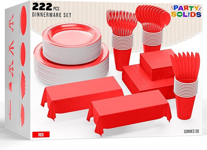 222 Pcs Red Paper Plates and Napkins Sets, Disposable Plates For Party, Lunch & Cocktail Napkins Paper, 18oz Plastic Cups, Cutlery and Red Table cloth Plastic Dinnerware Set