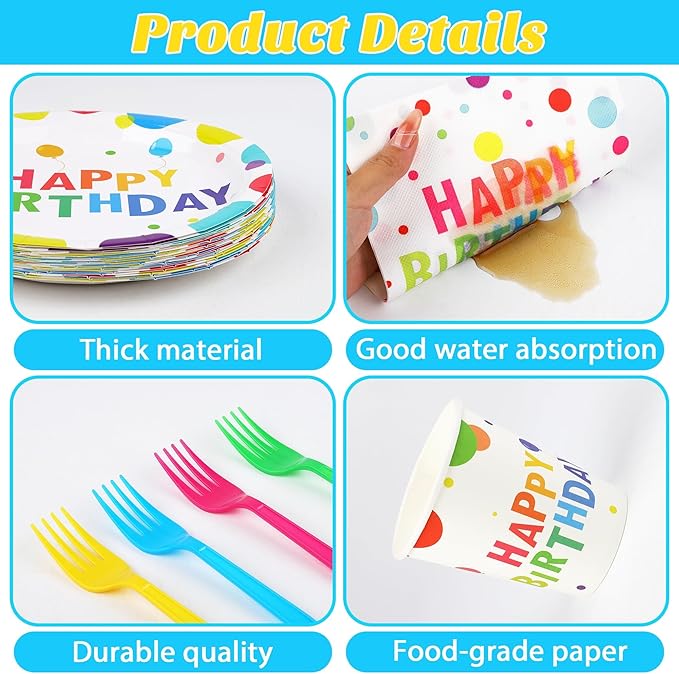 Kochorie 144 Pieces Happy Birthday Print Party Decorations Including Disposable Plates Napkins Cups Forks Tableware Sets Serves 24 for Birthday Party Supplies