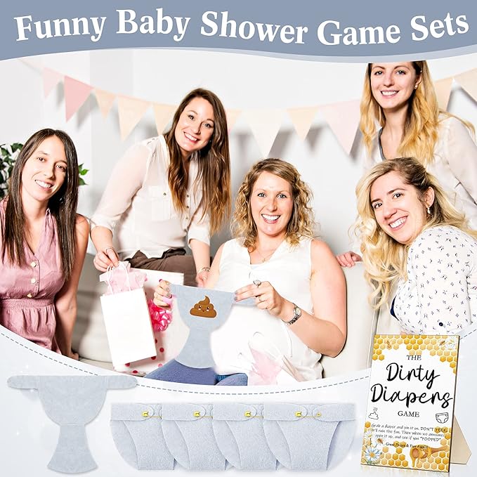 Roowest 51 Pcs Dirty Diaper Baby Shower Games Funny Wooden Sign with 50 Pcs Mini Diapers Cute Felt for Gender Reveal Party Baby Shower(Bee)