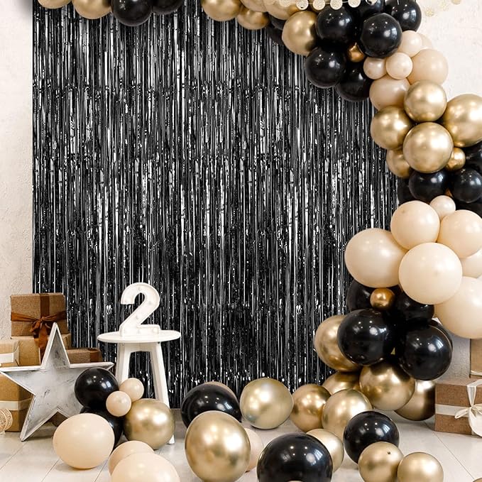 2 Pack Fringe Curtains Backdrops, Foil Fringe Curtains, Door Streamers for Birthday Wedding Bridal Shower Holiday Graduation Party Decorations, Photo Booth Backdrops, Black