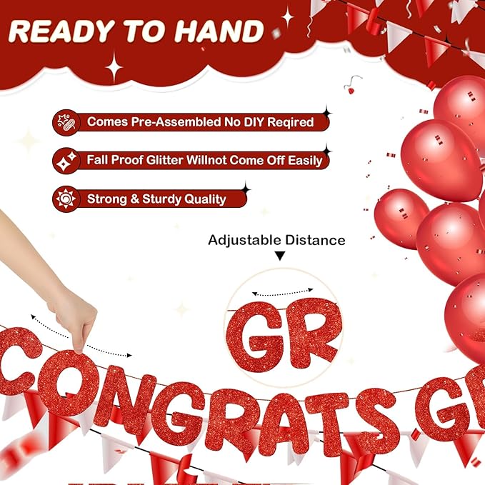 Fulmoon Pre Strung Congrats Grad Banner Glitter Congratulations Banner College Graduation Sign Class of 2026 Grad Party Decorations for High School University Graduation Party Favor(Red)