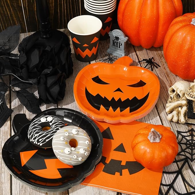 72Pcs Halloween Party Dinnerware Set Orange Black Pumpkin Themed Paper Plates Cups Napkins Halloween Disposable Tableware Party Supplies for Spooky Themed Party Birthday, Serves 24 Guests
