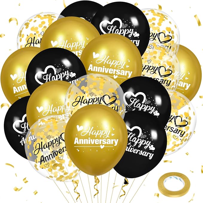 Happy Anniversary Balloons 18Pcs Black Gold Anniversary Party Decorations for Women Men Gold Silver 12Inch Metallic Confetti Anniversary Balloons for Indoor Outdoor Party Supplies