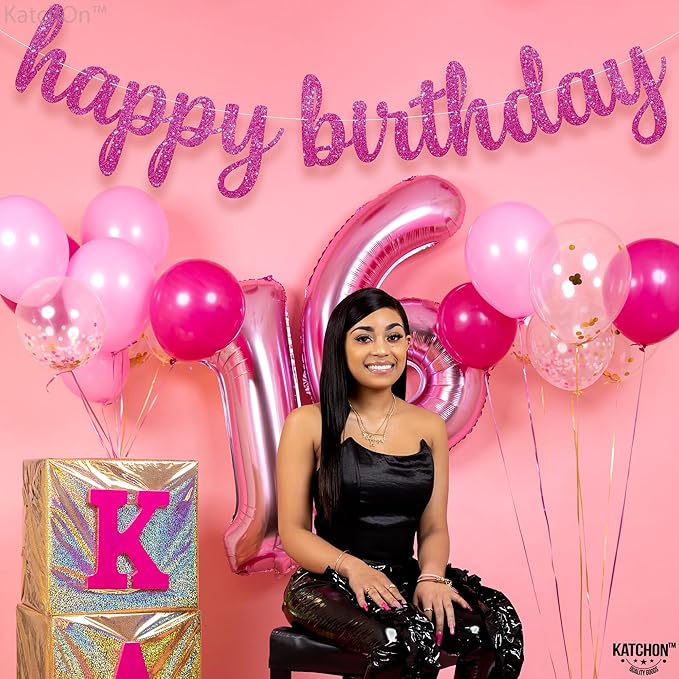 KatchOn, Glitter Pink Cursive Happy Birthday Banner - Pre-Strung, 10 Feet | Birthday Decorations for Women, Girls | Hbd Banner Backdrop For Pink Birthday Decorations, Happy Birthday Sign