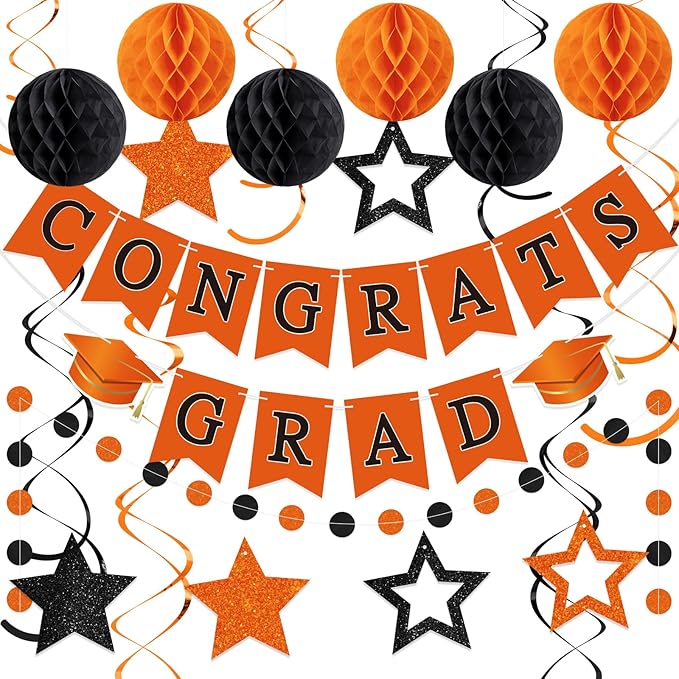 Congrats Grad Banner 2026 Graduation Decoration with Hanging Swirl Honeycomb Ball Circle Garland Grad Party Supplies for College Senior High School Classroom Decor(Orange and Black)