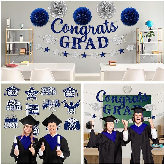 Navy Blue Graduation Decorations, Glitter Congrats Grad Banner Hanging Swirls and Tissue Pom Poms, Navy Blue and Silver Graduation Decorations for Class of 2026 College Graduations Party Decorations