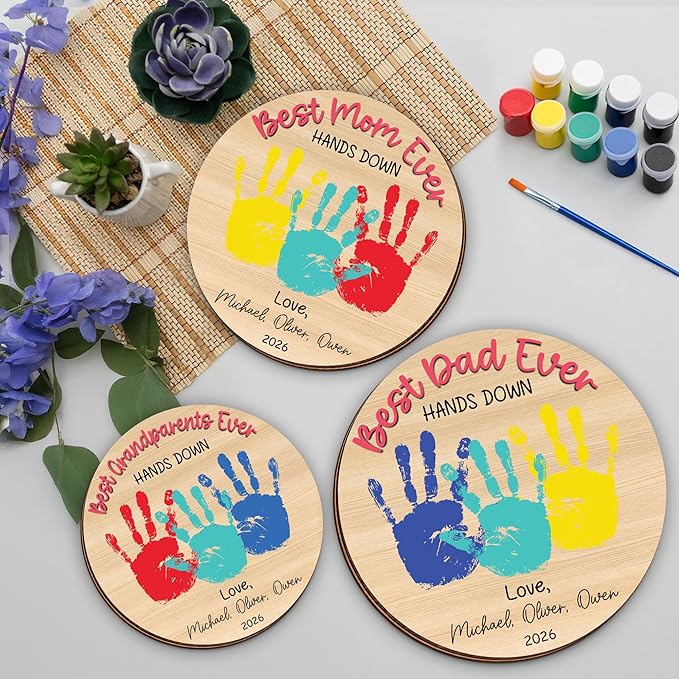 Personalized Hands Down Best Grandma Ever Handprint Kit with Paint, Family Craft Wooden Sign, Fathers Day Handprint Plaque Keepsake, Valentines Day Birthday Gift for Mom, Dad, Grandma, Nana