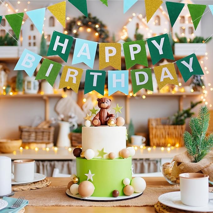 Irenare 4 Pieces Happy Birthday Banner Colorful Birthday Party Decor Rainbow Felt Garland Banner Party Decorations Supplies (Gradient Green and Gold)